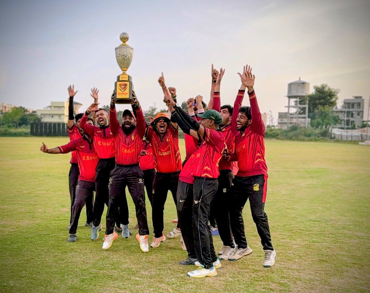 KAvach Cricket Club players at Play Arena Bangalore celebrating tournament championship victory with trophy
